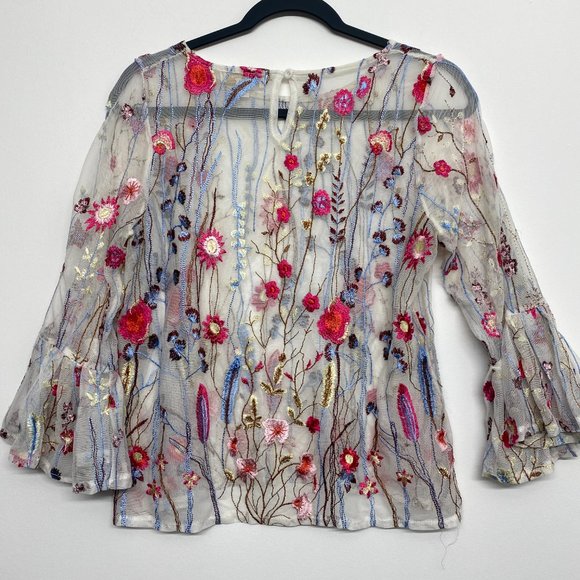 Cynthia Rowley mesh Embroidered Floral bell sleeve - Picture 2 of 7
